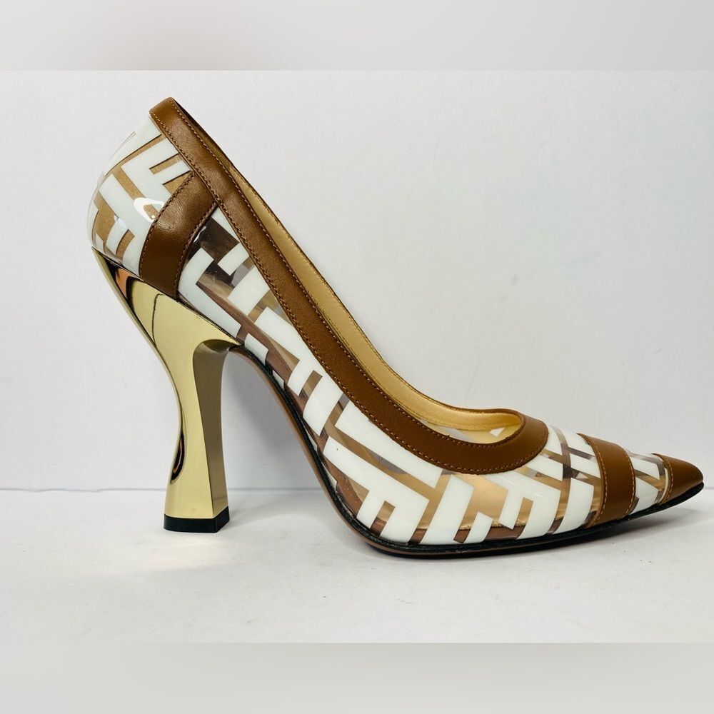 FENDI Colibri FF Logo-printed 105mm Pumps In Neutrals. Authentic and New